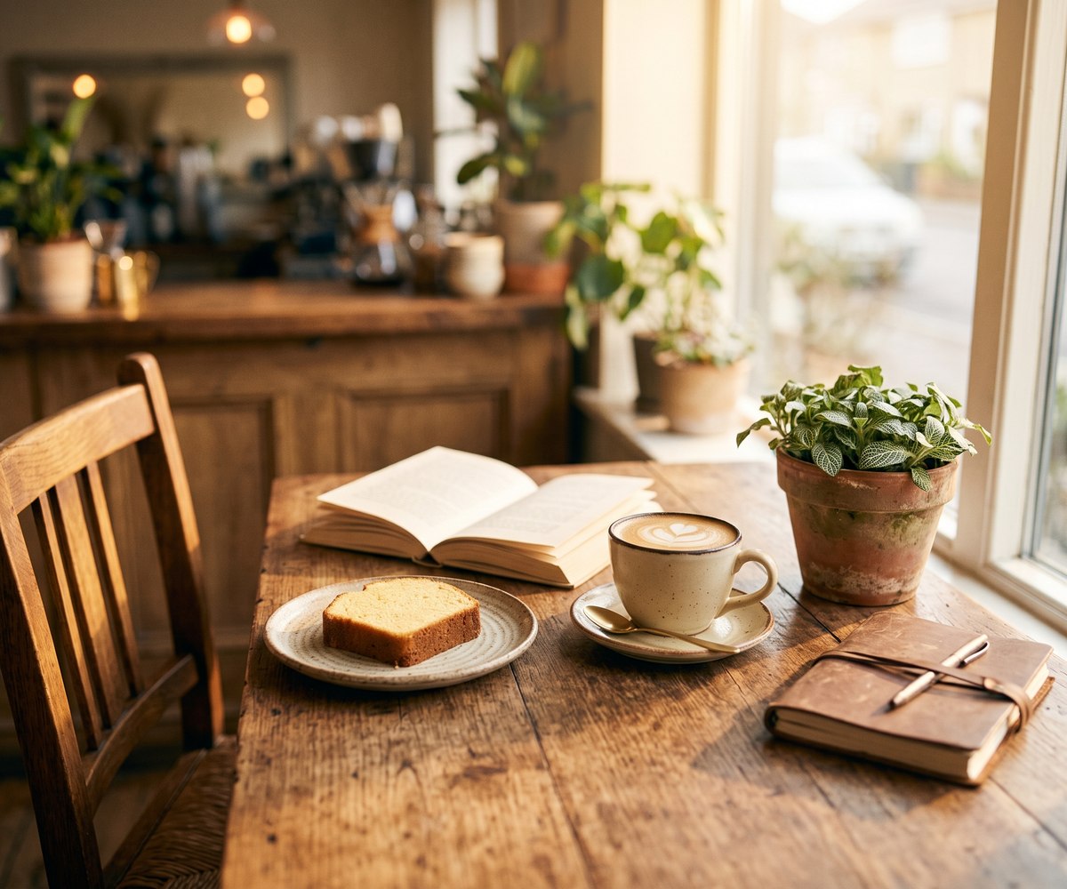 Mesa junto a la ventana con luz de mañana, una taza de café, un panqué y un libro