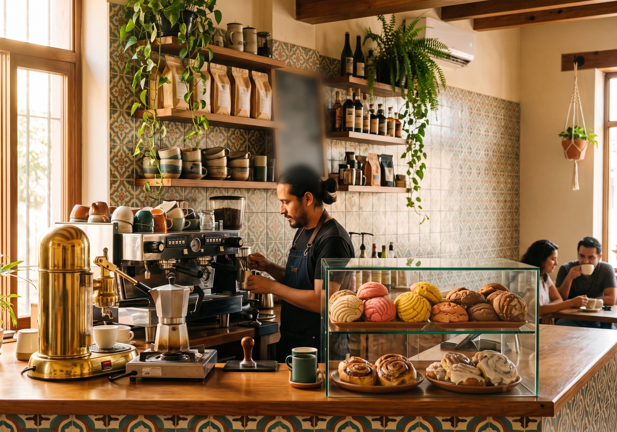 La barra de Greca: máquina de espresso, una greca sobre la barra y vitrina de pan con luz de mañana